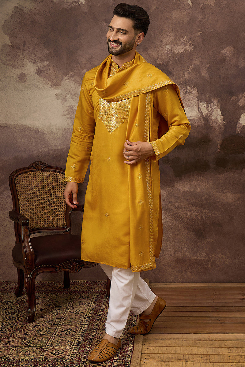 Yellow Silk Blend Solid Embroidered Straight Kurta with Dupatta For Men | SHOBITAM
