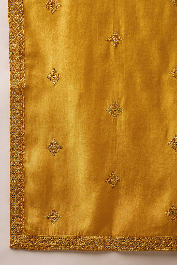 Yellow Silk Blend Embroidered Straight Kurta Trouser with Dupatta | SHOBITAM