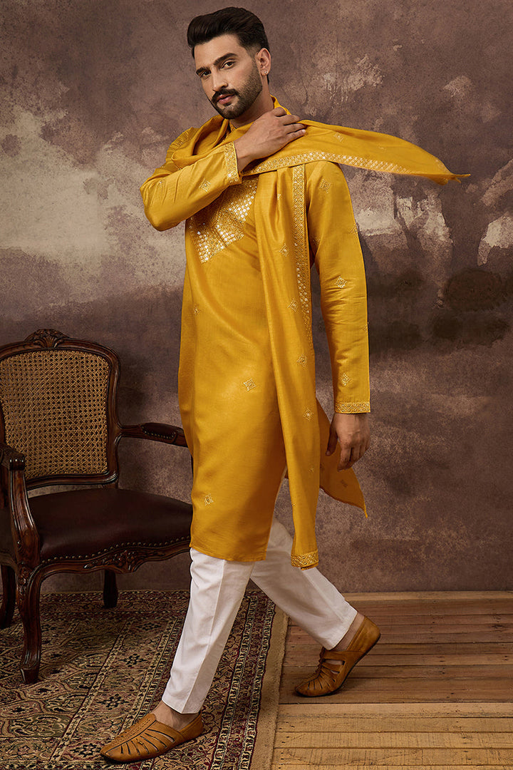 Yellow Silk Blend Embroidered Straight Kurta Trouser with Dupatta | SHOBITAM