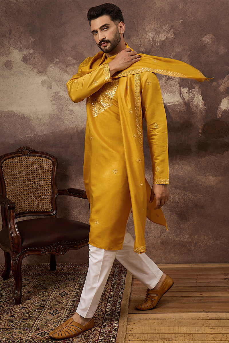 Yellow Silk Blend Solid Embroidered Straight Kurta with Dupatta For Men | SHOBITAM
