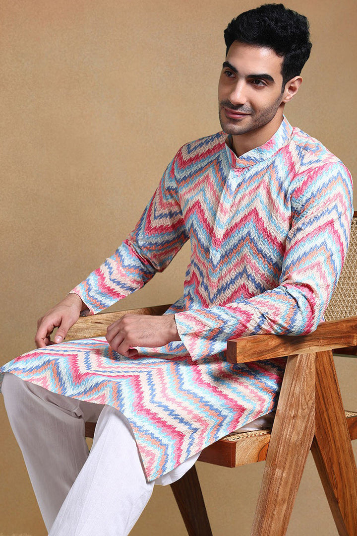 Pink Viscose Rayon Chevron Printed Straight Kurta with Trousers | SHOBITAM