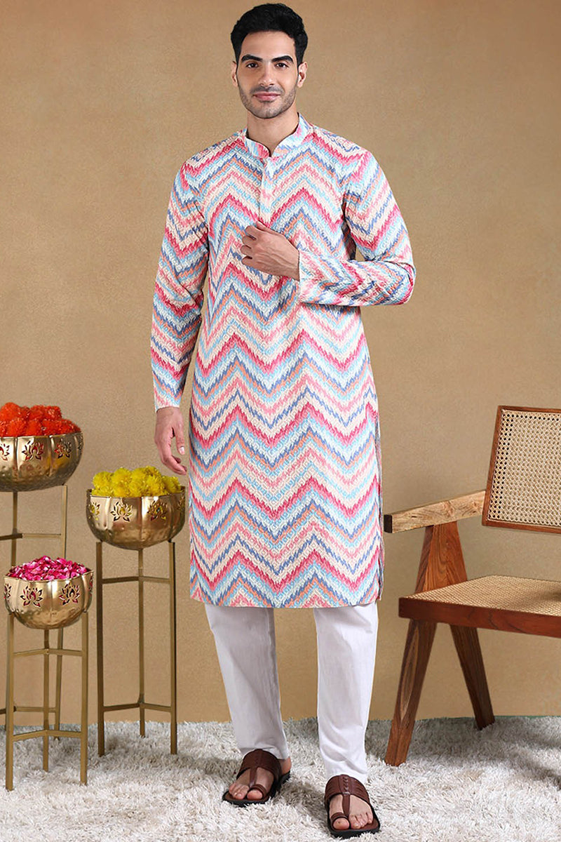 Pink Viscose Rayon Chevron Printed Straight Kurta with Trousers | SHOBITAM