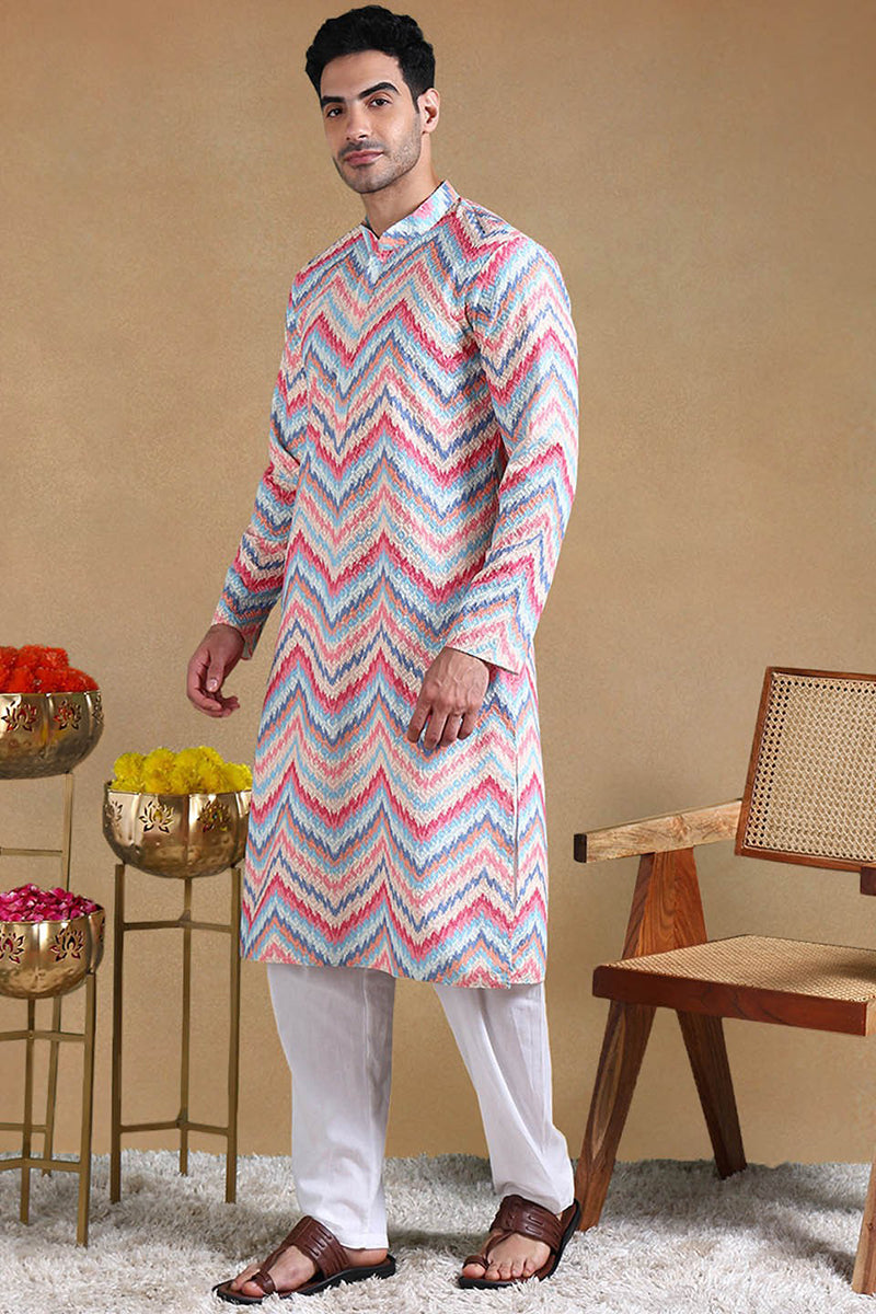 Pink Viscose Rayon Chevron Printed Straight Kurta with Trousers | SHOBITAM