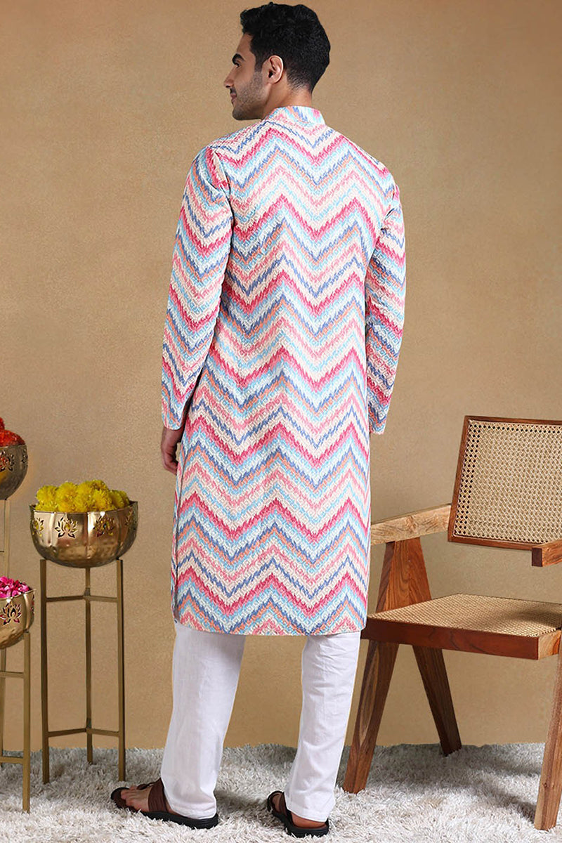 Pink Viscose Rayon Chevron Printed Straight Kurta with Trousers | SHOBITAM