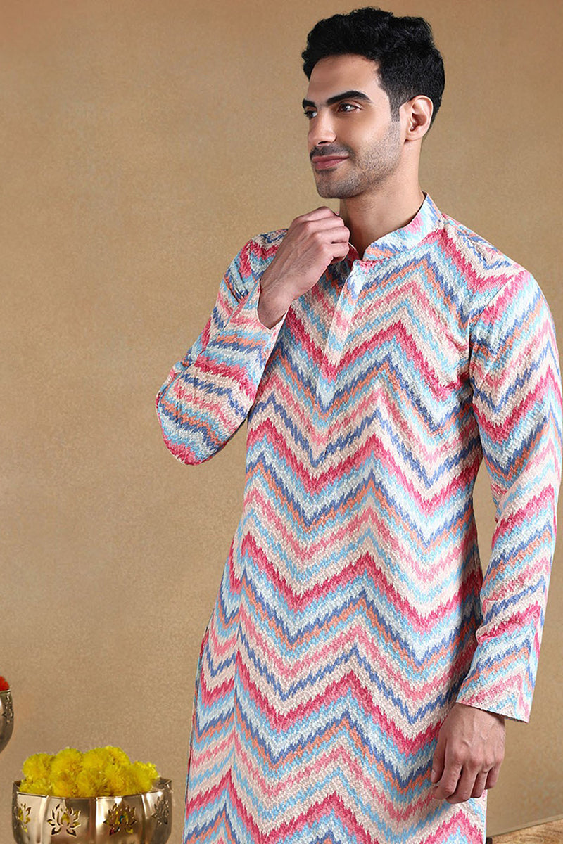 Pink Viscose Rayon Chevron Printed Straight Kurta with Trousers | SHOBITAM