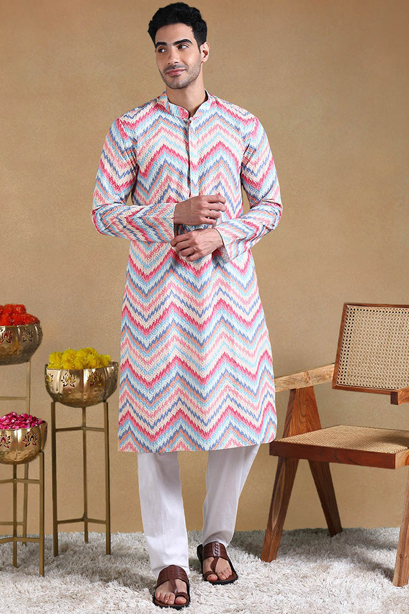Pink Viscose Rayon Chevron Printed Straight Kurta with Trousers | SHOBITAM