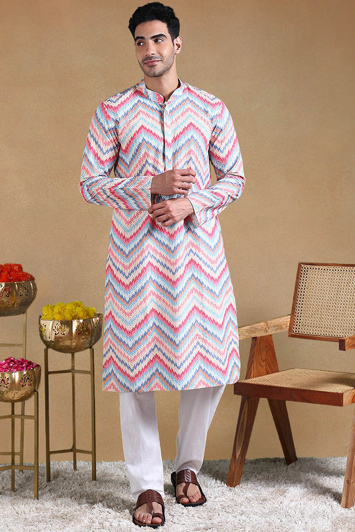 Pink Viscose Rayon Chevron Printed Straight Kurta with Trousers | SHOBITAM