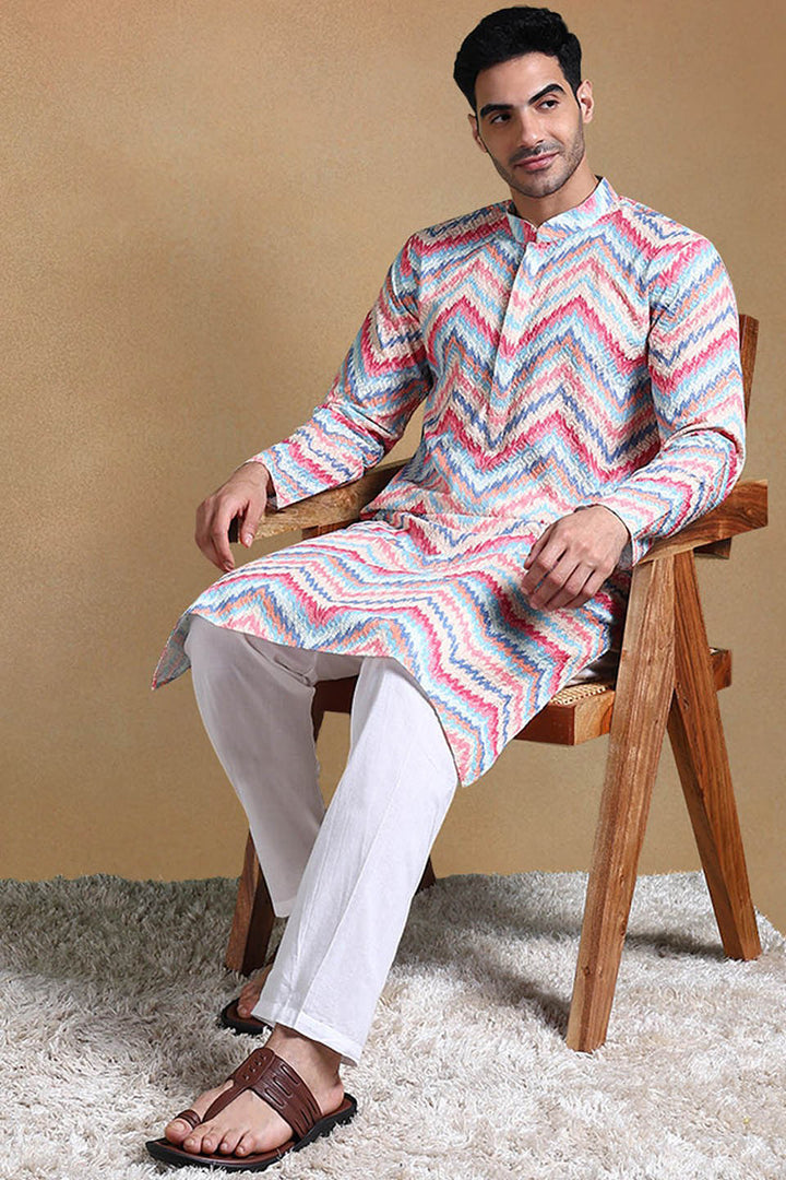 Pink Viscose Rayon Chevron Printed Straight Kurta with Trousers | SHOBITAM