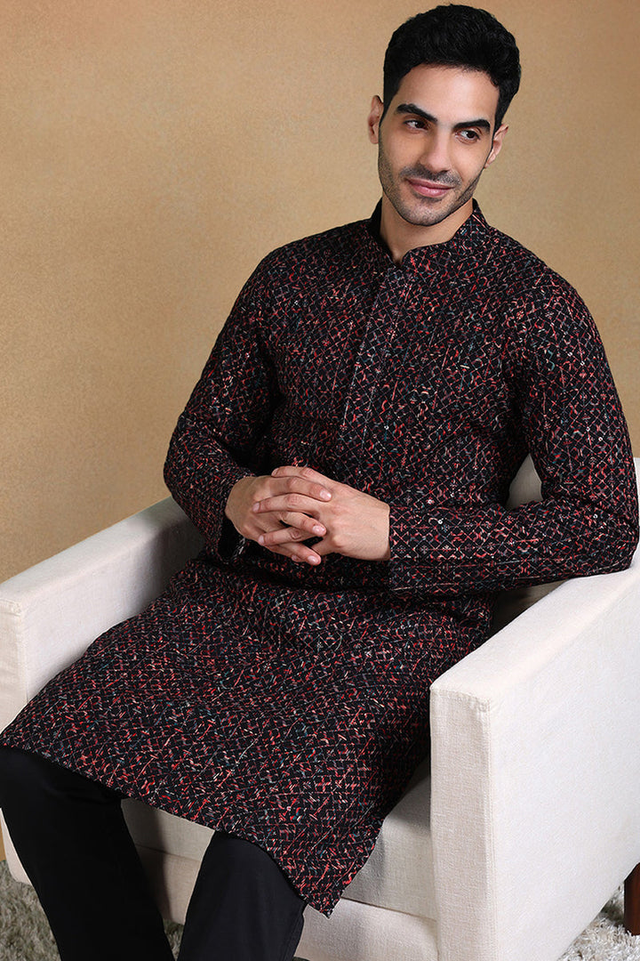 Black Viscose Rayon Geometric Dyed Straight Kurta with Trousers | SHOBITAM