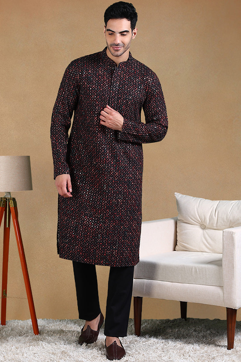 Black Viscose Rayon Geometric Dyed Straight Kurta with Trousers | SHOBITAM