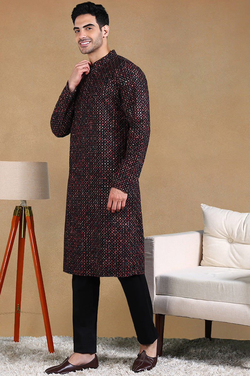 Black Viscose Rayon Geometric Dyed Straight Kurta with Trousers | SHOBITAM
