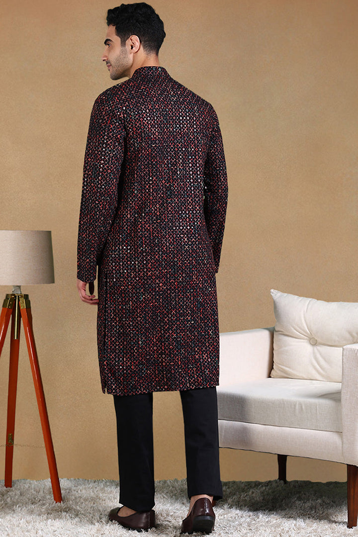 Black Viscose Rayon Geometric Dyed Straight Kurta with Trousers | SHOBITAM