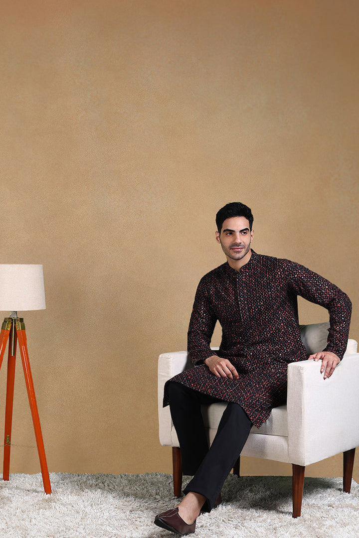 Black Viscose Rayon Geometric Dyed Straight Kurta with Trousers | SHOBITAM