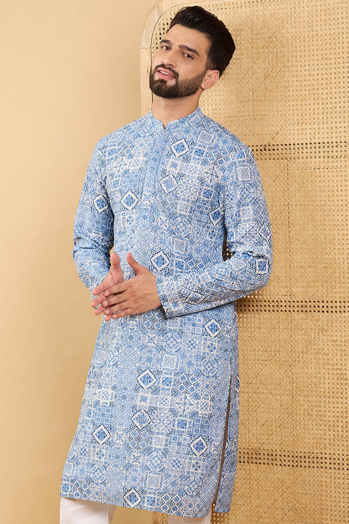 Blue Viscose Rayon Geometric Embroidered Straight Kurta with Trouser  | SHOBITAM