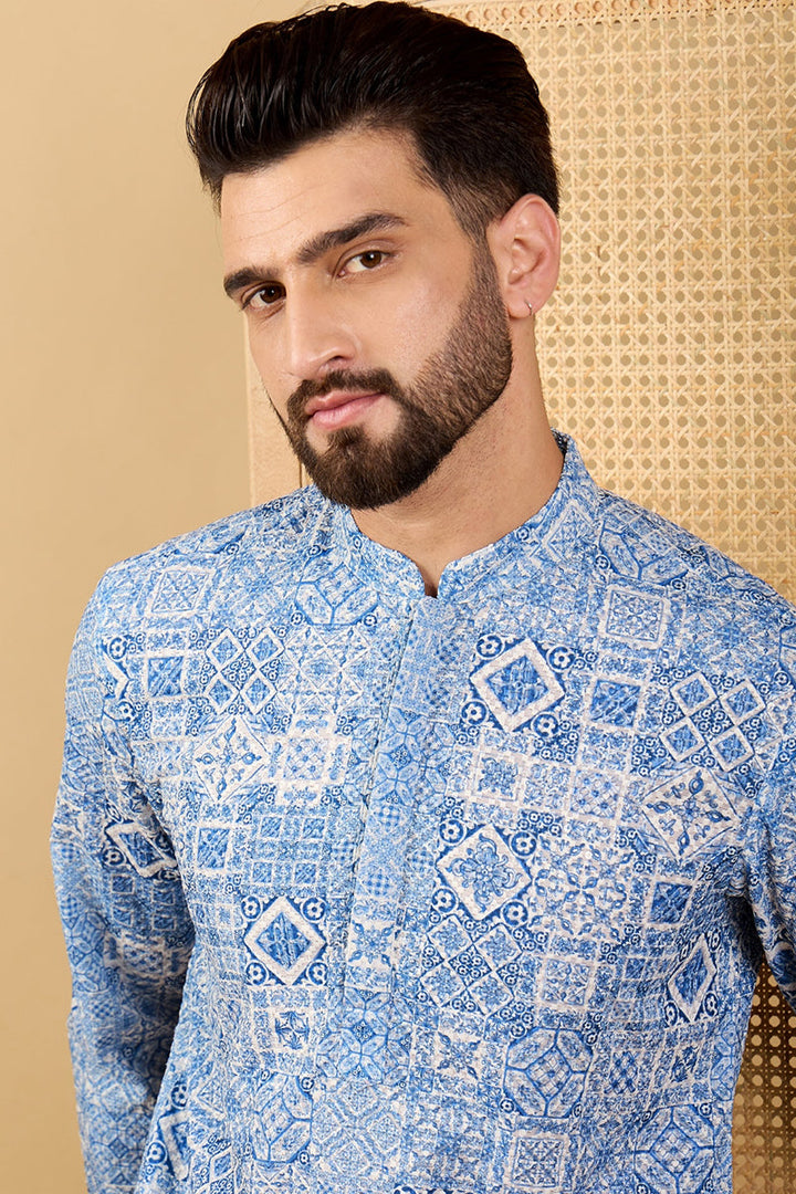 Blue Viscose Rayon Geometric Embroidered Straight Kurta with Trouser  | SHOBITAM