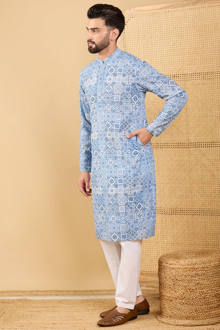 Blue Viscose Rayon Geometric Embroidered Straight Kurta with Trouser  | SHOBITAM