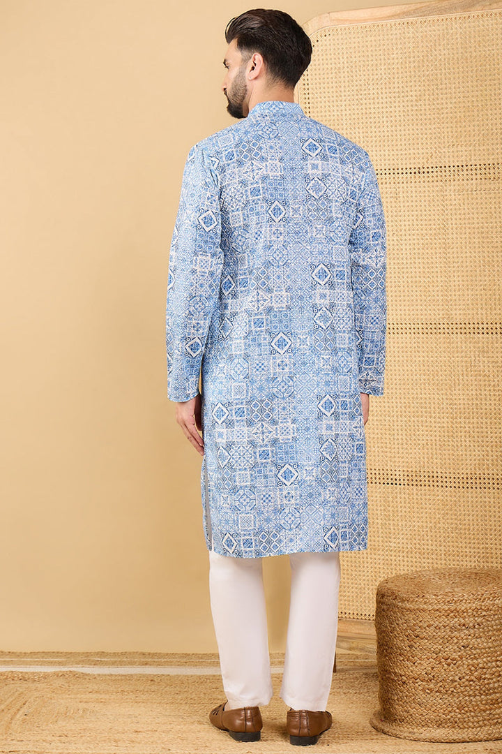 Blue Viscose Rayon Geometric Embroidered Straight Kurta with Trouser  | SHOBITAM