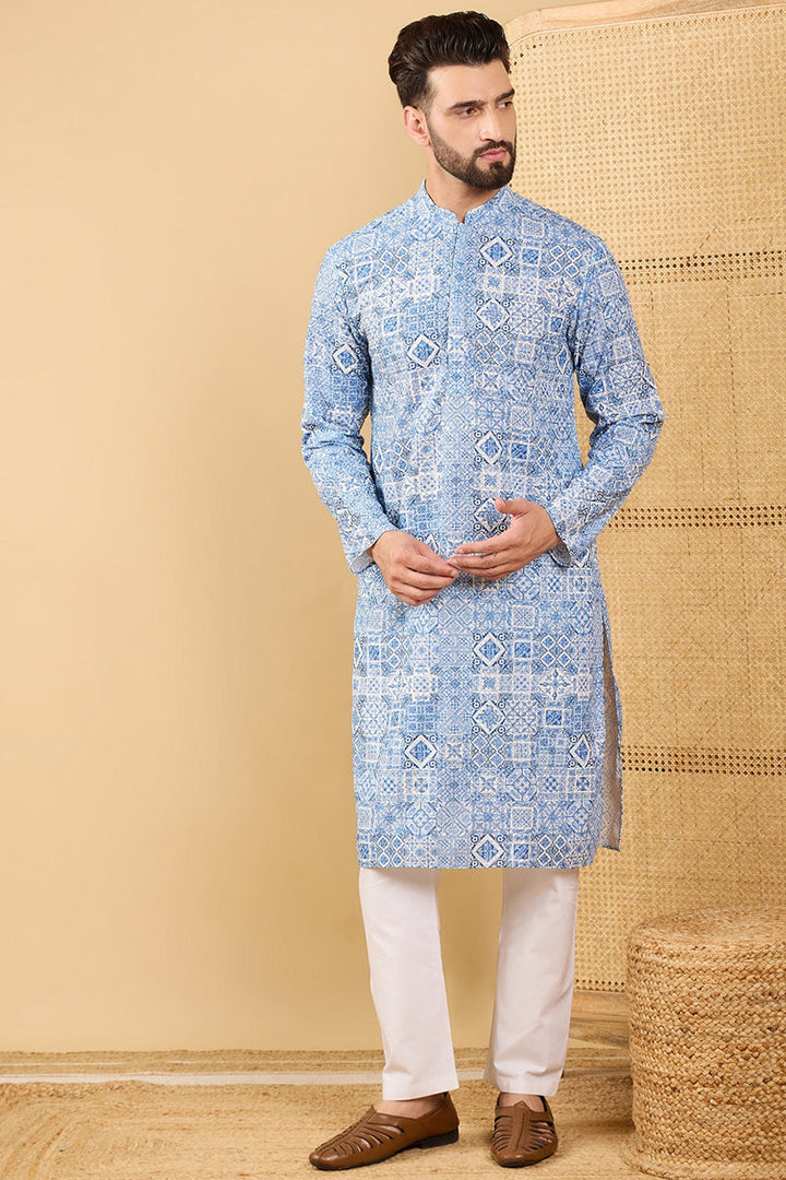 Blue Viscose Rayon Geometric Embroidered Straight Kurta with Trouser  | SHOBITAM