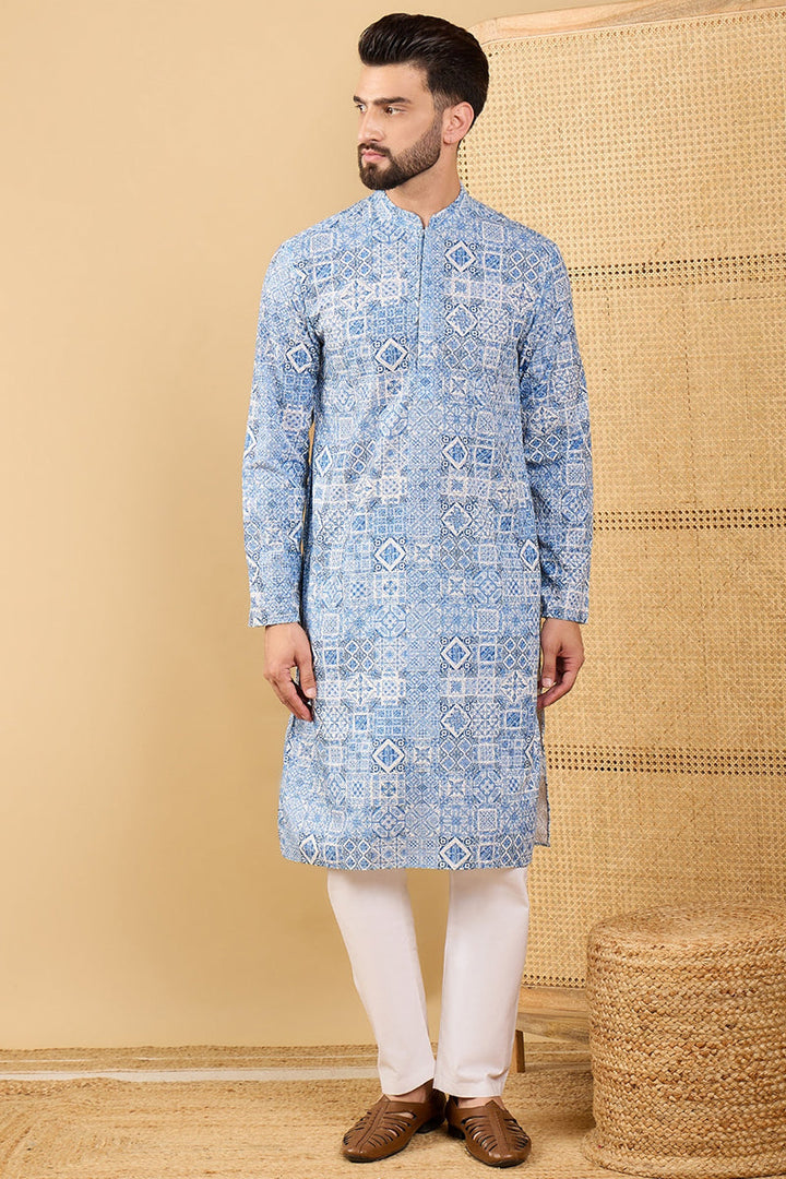 Blue Viscose Rayon Geometric Embroidered Straight Kurta with Trouser  | SHOBITAM