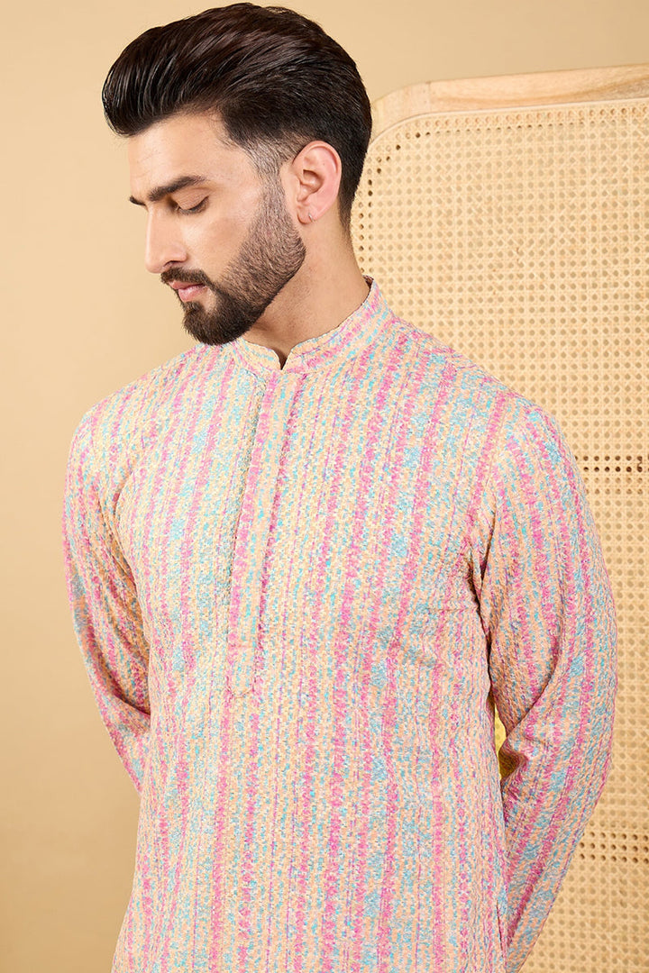Multi Viscose Rayon Striped Embroidered Straight Kurta with Trouser  | SHOBITAM