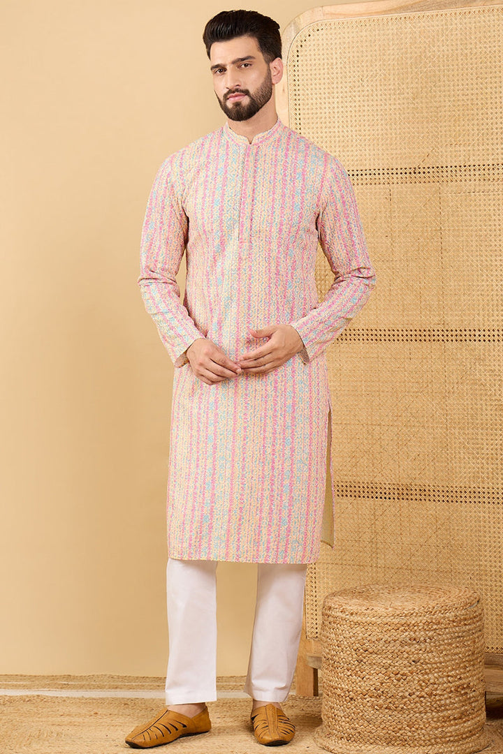 Multi Viscose Rayon Striped Embroidered Straight Kurta with Trouser  | SHOBITAM