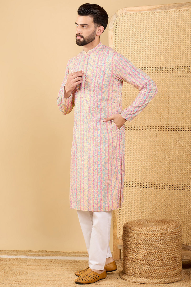 Multi Viscose Rayon Striped Embroidered Straight Kurta with Trouser  | SHOBITAM