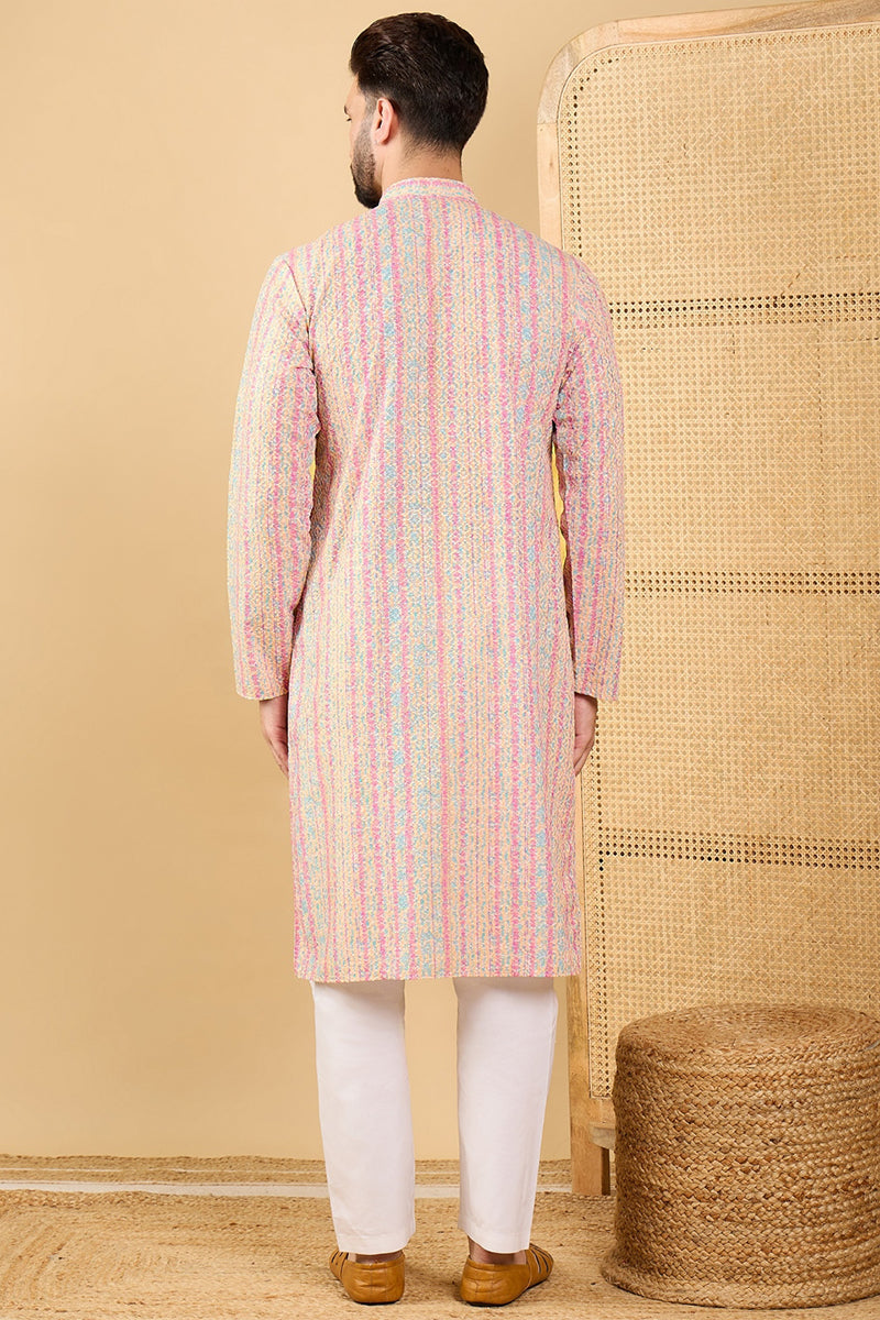 Multi Viscose Rayon Striped Embroidered Straight Kurta with Trouser  | SHOBITAM