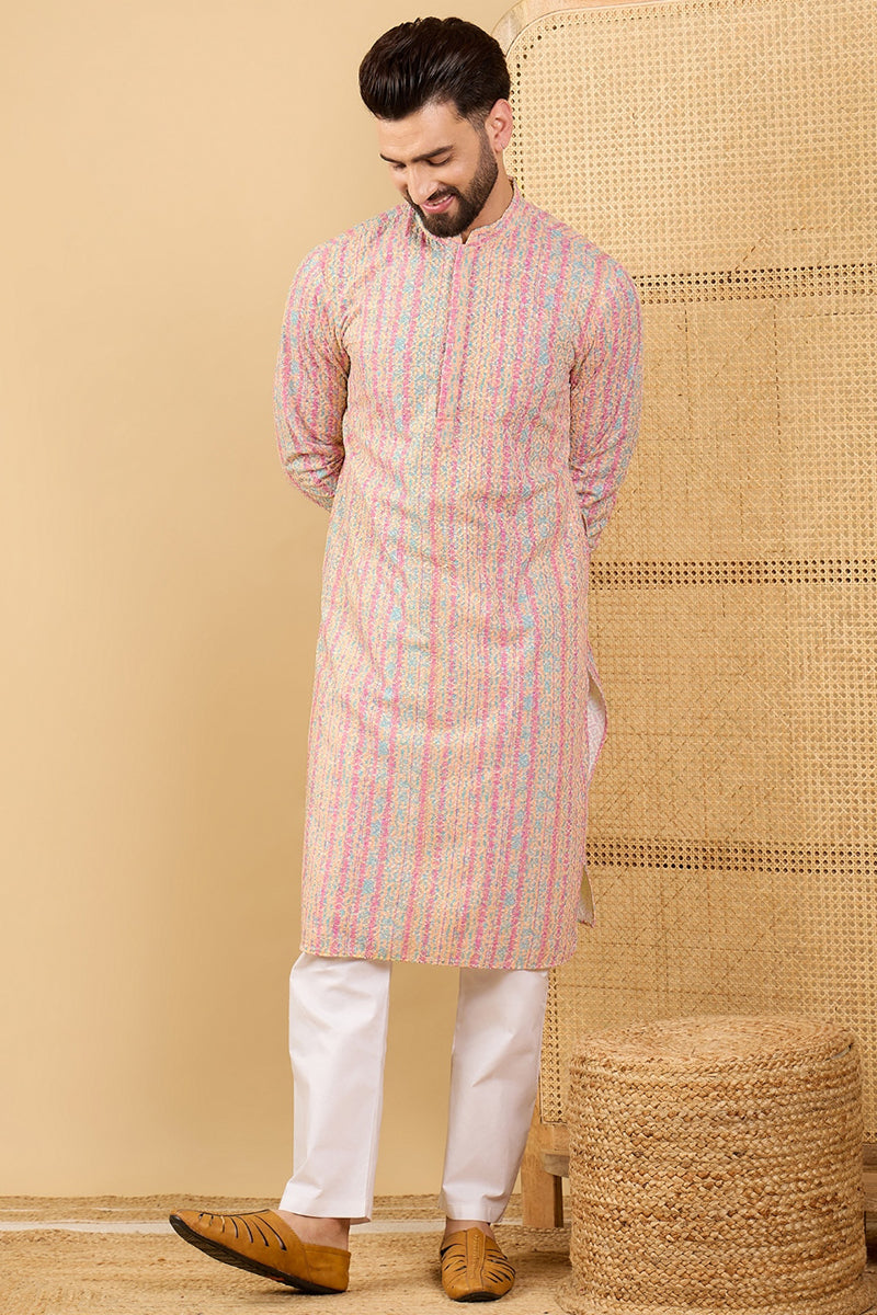 Multi Viscose Rayon Striped Embroidered Straight Kurta with Trouser  | SHOBITAM
