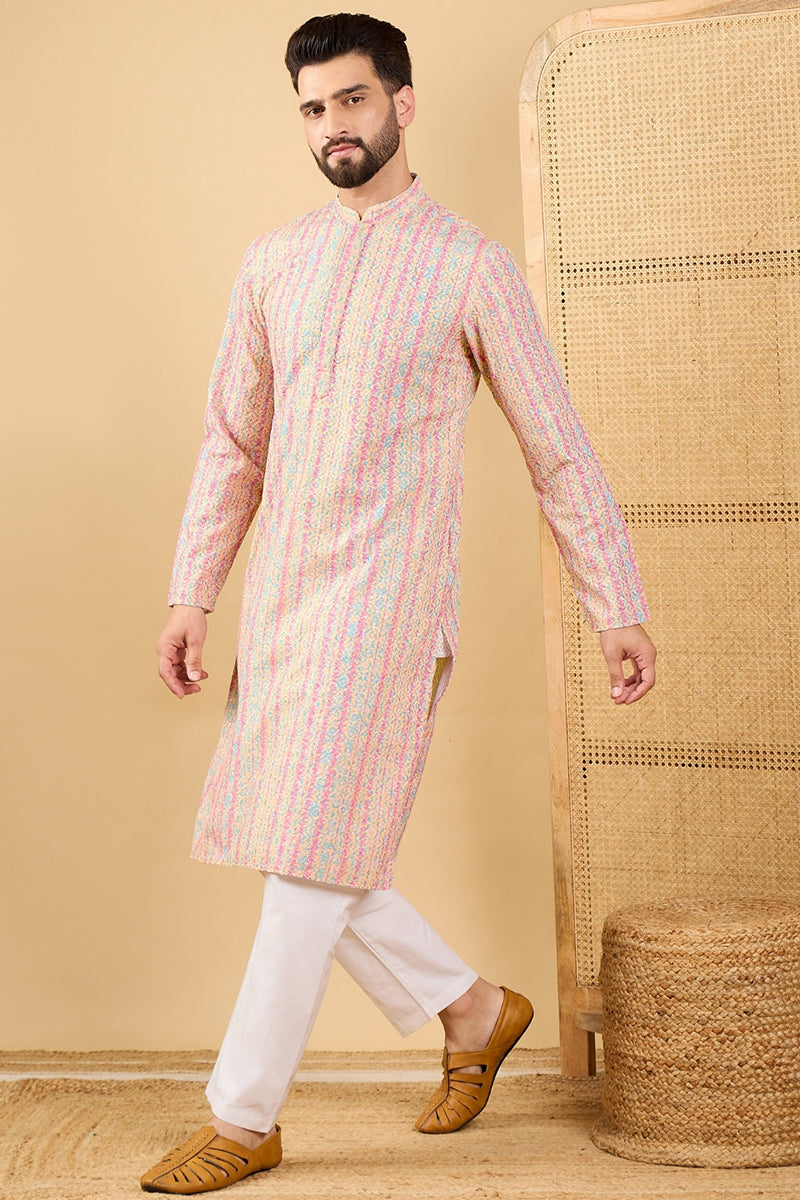 Multi Viscose Rayon Striped Embroidered Straight Kurta with Trouser  | SHOBITAM