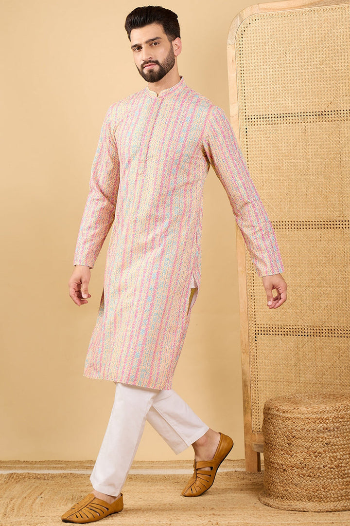Multi Viscose Rayon Striped Embroidered Straight Kurta with Trouser  | SHOBITAM