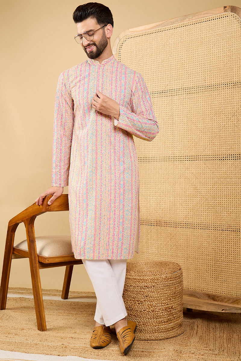 Multi Viscose Rayon Striped Embroidered Straight Kurta with Trouser  | SHOBITAM