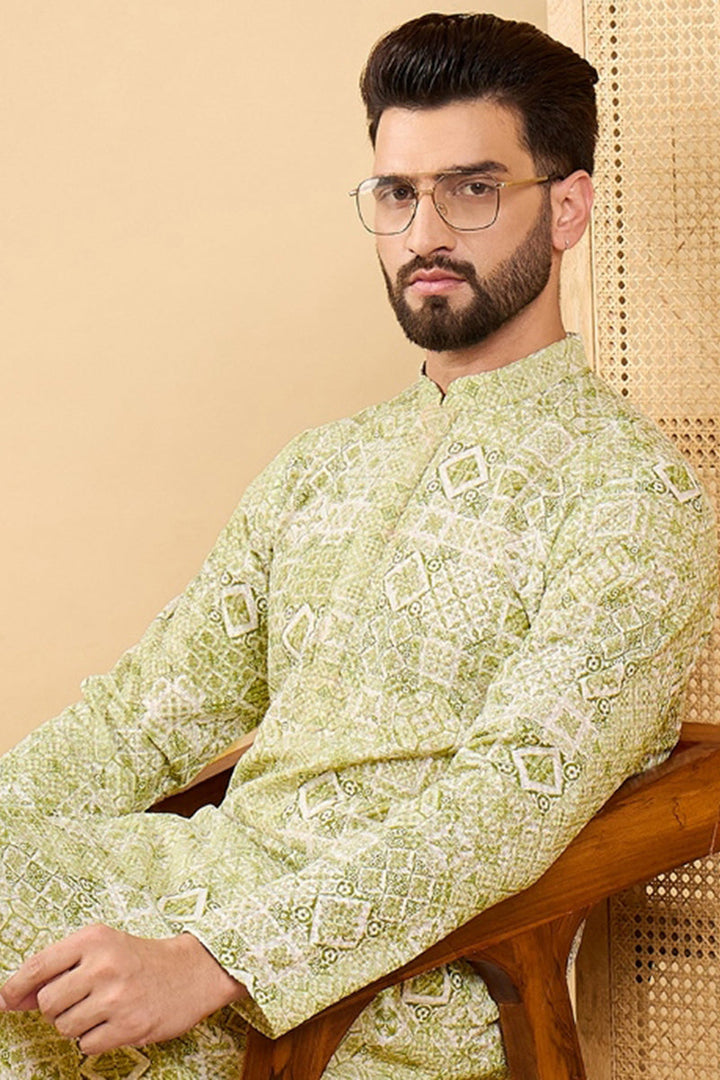 Olive Viscose Rayon Geometric Embroidered Straight Kurta with Trouser  | SHOBITAM