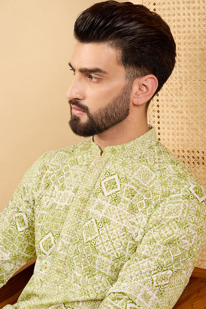 Olive Viscose Rayon Geometric Embroidered Straight Kurta with Trouser  | SHOBITAM