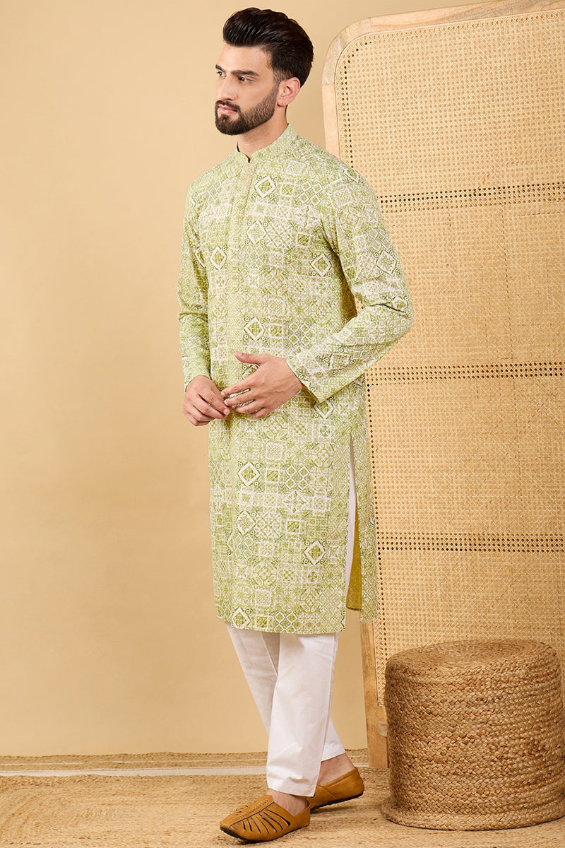 Olive Viscose Rayon Geometric Embroidered Straight Kurta with Trouser  | SHOBITAM