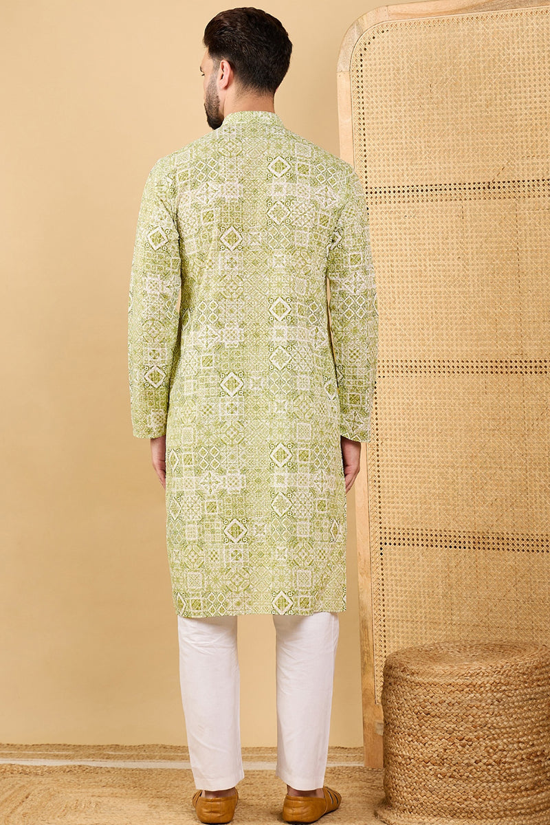 Olive Viscose Rayon Geometric Embroidered Straight Kurta with Trouser  | SHOBITAM