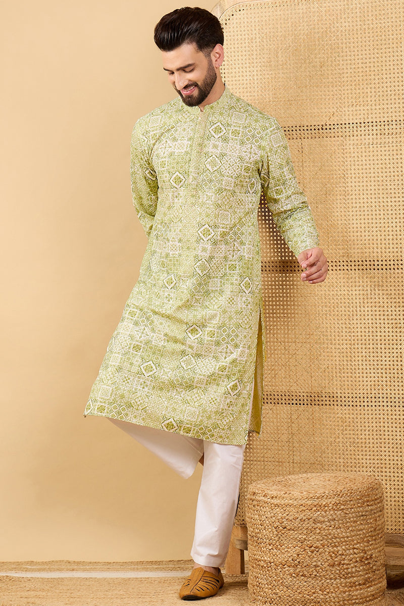 Olive Viscose Rayon Geometric Embroidered Straight Kurta with Trouser  | SHOBITAM
