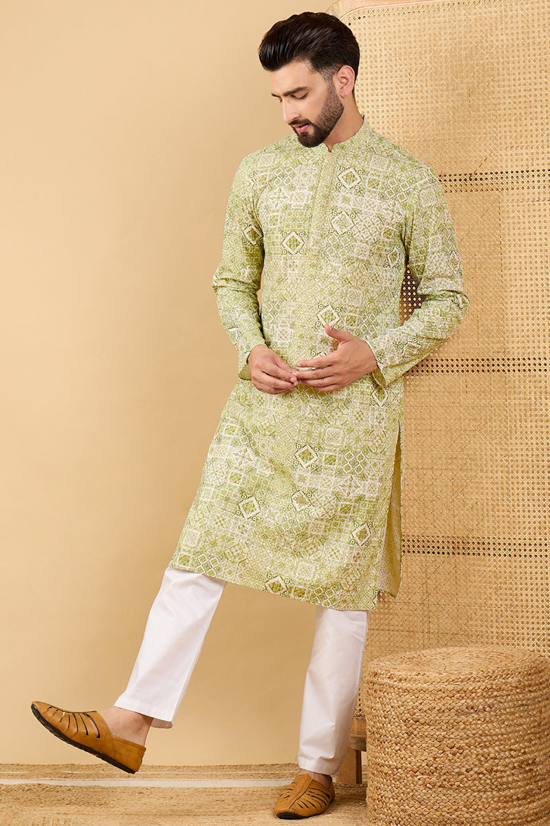 Olive Viscose Rayon Geometric Embroidered Straight Kurta with Trouser  | SHOBITAM