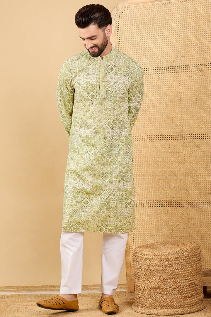 Olive Viscose Rayon Geometric Embroidered Straight Kurta with Trouser  | SHOBITAM