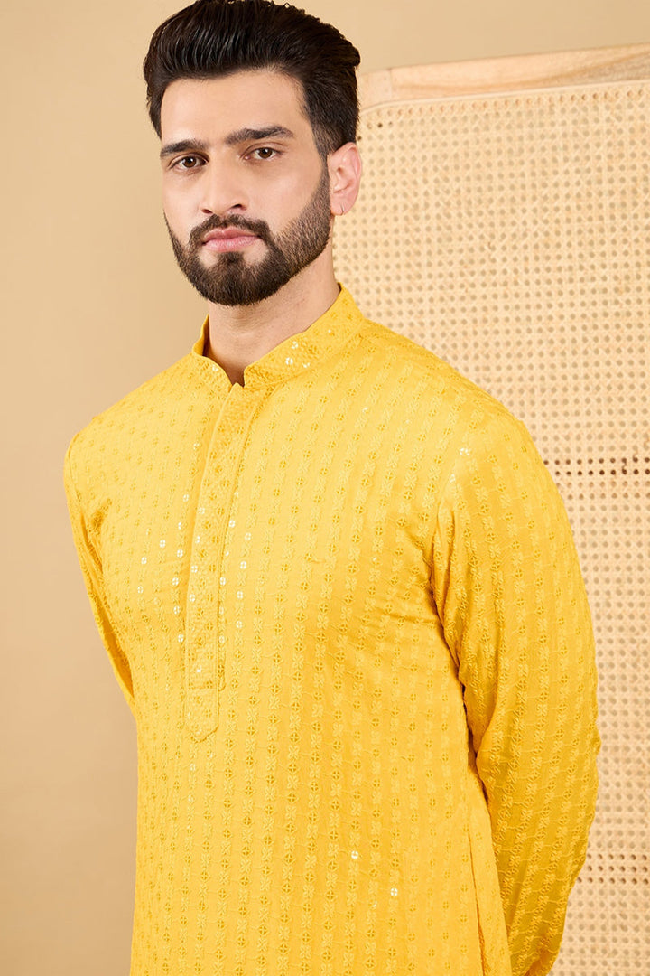 Yellow Viscose Rayon Solid Embroidered Straight Kurta with Trousers | SHOBITAM