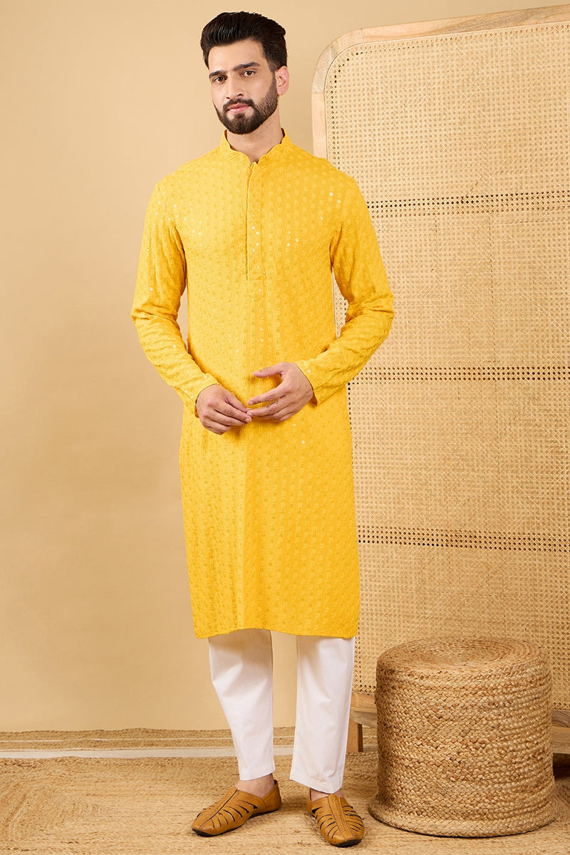 Yellow Viscose Rayon Solid Embroidered Straight Kurta with Trousers | SHOBITAM