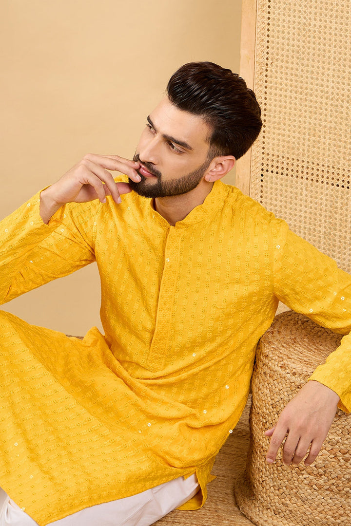 Yellow Viscose Rayon Solid Embroidered Straight Kurta with Trousers | SHOBITAM