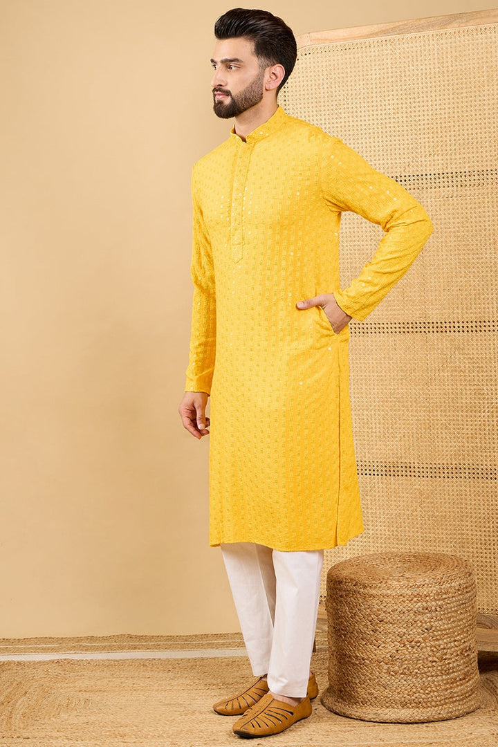 Yellow Viscose Rayon Solid Embroidered Straight Kurta with Trousers | SHOBITAM