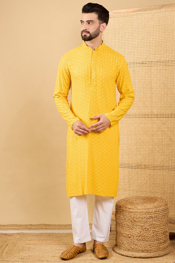 Yellow Viscose Rayon Solid Embroidered Straight Kurta with Trousers | SHOBITAM