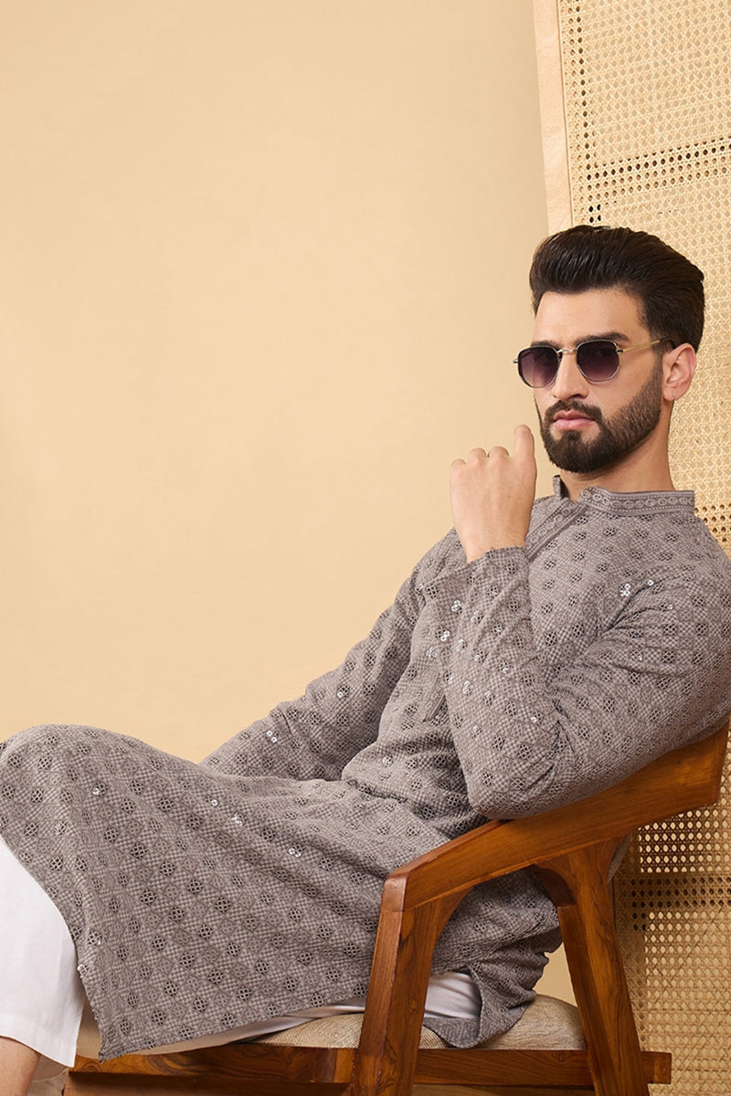 Grey Viscose Rayon Solid Embroidered Straight Kurta with Trouser  | SHOBITAM