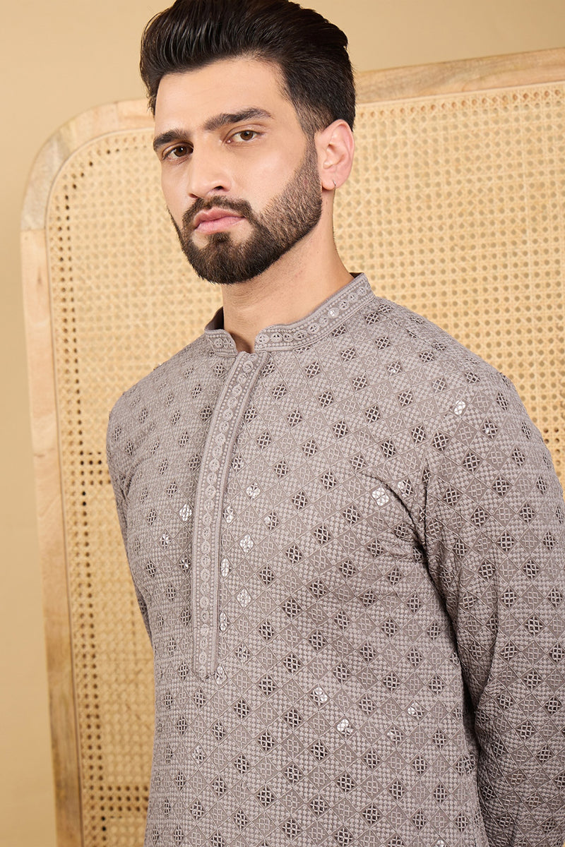 Grey Viscose Rayon Solid Embroidered Straight Kurta with Trouser  | SHOBITAM