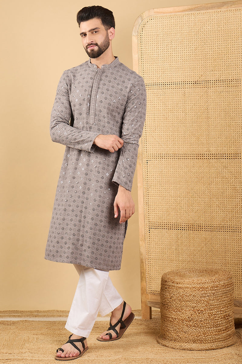 Grey Viscose Rayon Solid Embroidered Straight Kurta with Trouser  | SHOBITAM