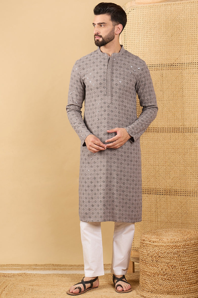 Grey Viscose Rayon Solid Embroidered Straight Kurta with Trouser  | SHOBITAM