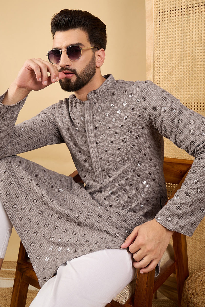 Grey Viscose Rayon Solid Embroidered Straight Kurta with Trouser  | SHOBITAM