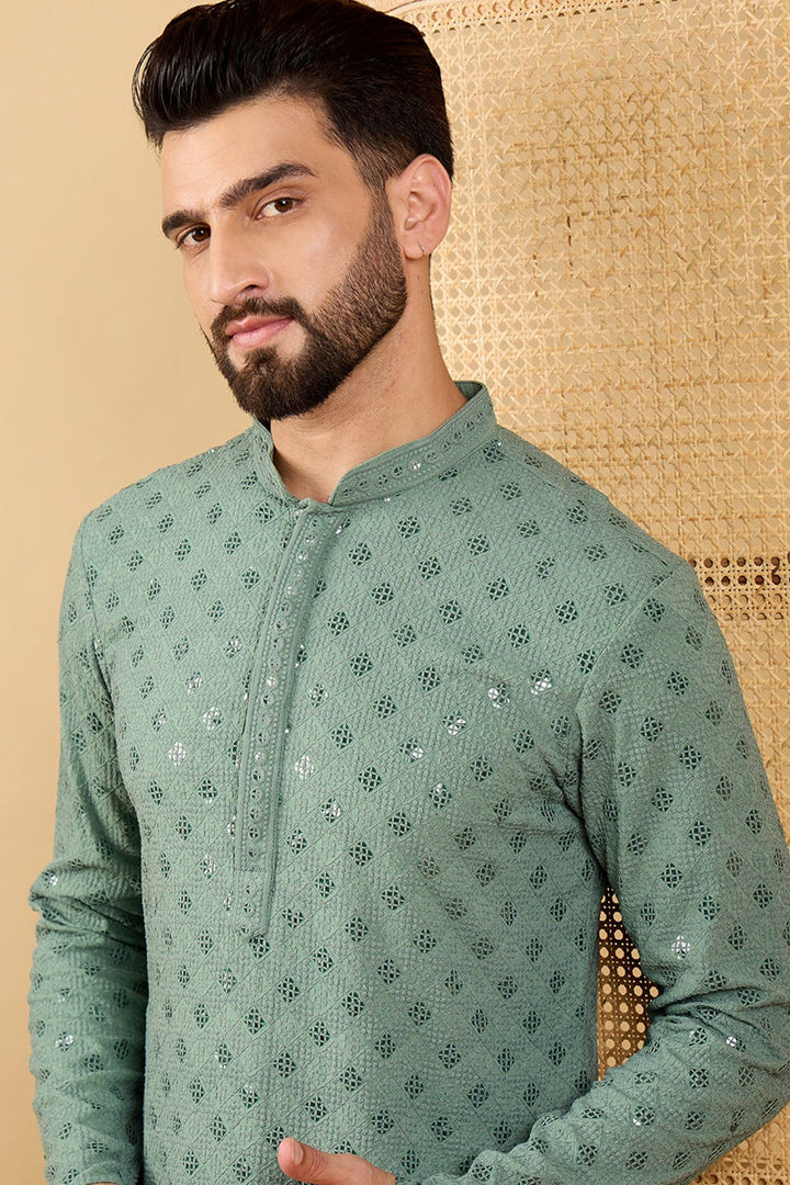Green Viscose Rayon Solid Embroidered Straight Kurta with Trousers  | SHOBITAM