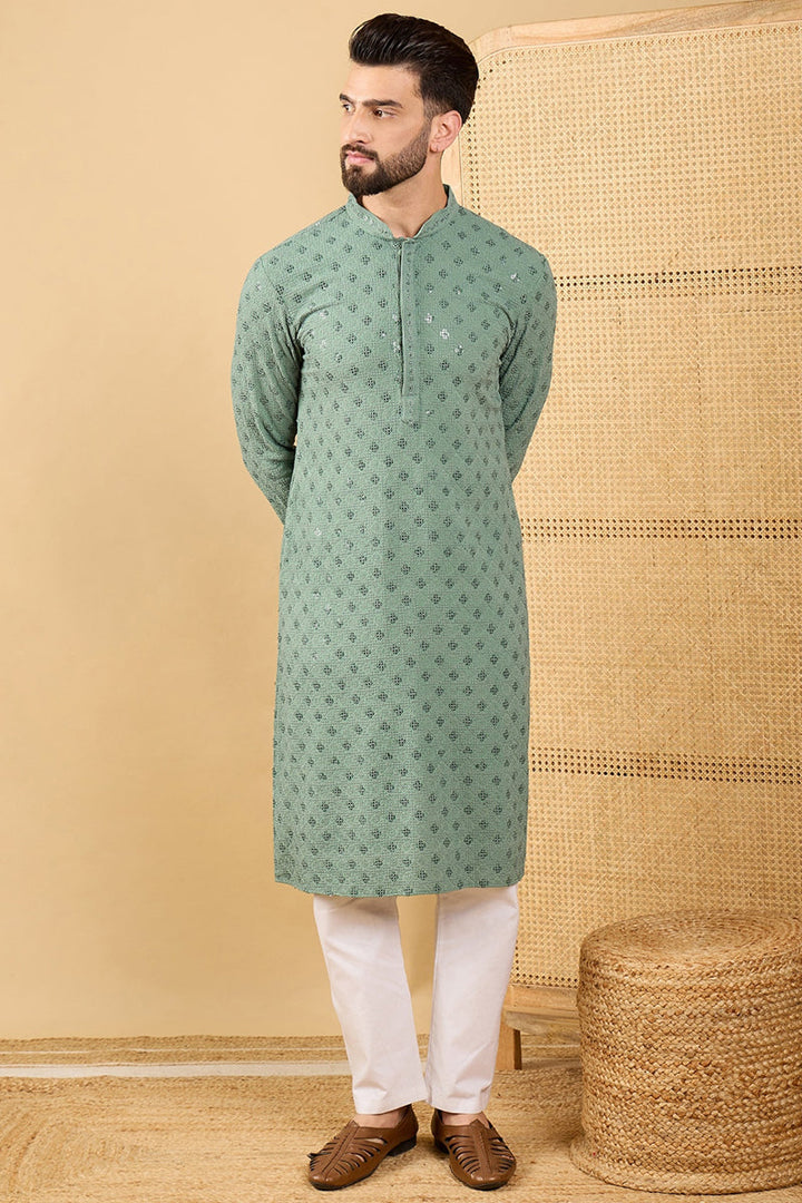 Green Viscose Rayon Solid Embroidered Straight Kurta with Trousers  | SHOBITAM